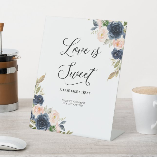 Navy Blush Pink Floral Blossom Love is Sweet Pedestal Sign (In SItu)