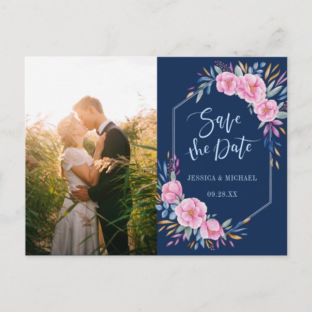 Navy Blush Pink Floral Boho Photo Save The Date Invitation Postcard (Front)