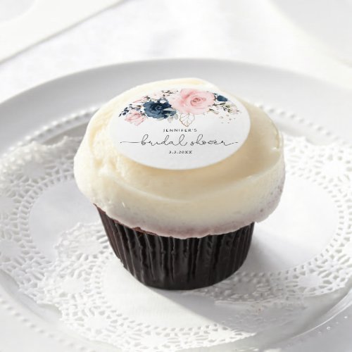 Navy blush pink floral bridal shower edible frosting rounds
