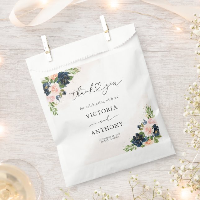 Navy & Blush Pink Floral Bridal Shower Favor Bag (Clipped)