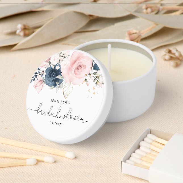 Navy blush pink floral bridal shower mini candle favors (Insitu)
