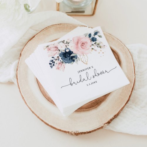 Navy blush pink floral bridal shower napkins