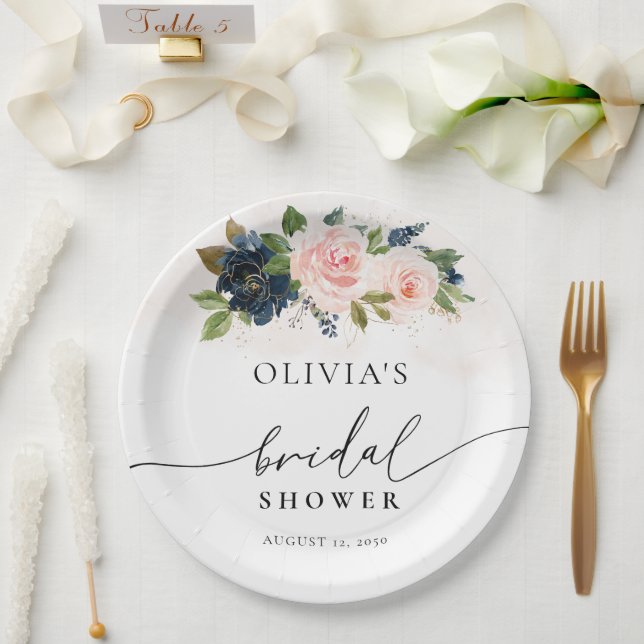 Navy & Blush Pink Floral Bridal Shower Paper Plate (Wedding)