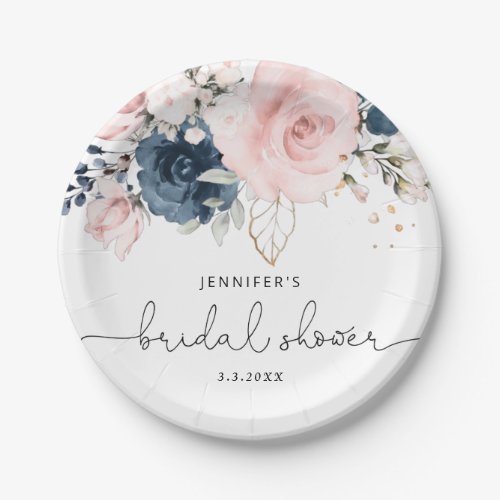 Navy blush pink floral bridal shower paper plates