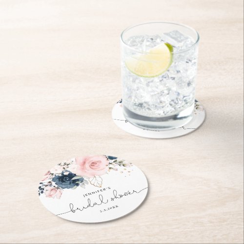 Navy blush pink floral bridal shower round paper coaster