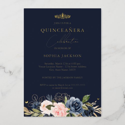 Navy Blush Pink Floral Butterfly Quinceanera  Foil Invitation