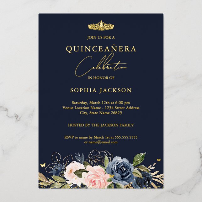 Navy Blush Pink Floral Butterfly Quinceanera  Foil Invitation (Front)