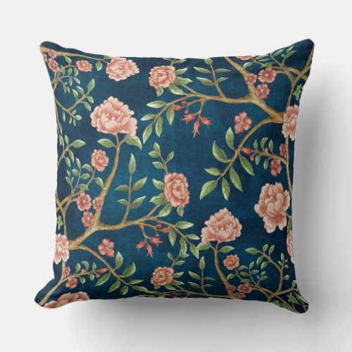 Navy Blush Pink Floral Chinoiserie Floral Greenery Throw Pillow