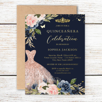 Navy Blush Pink Floral Dress Quinceanera   Foil Invitation by LittleBayleigh at Zazzle