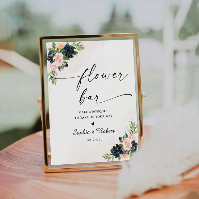Navy & Blush Pink Floral Flower Bar Sign (Creator Uploaded)