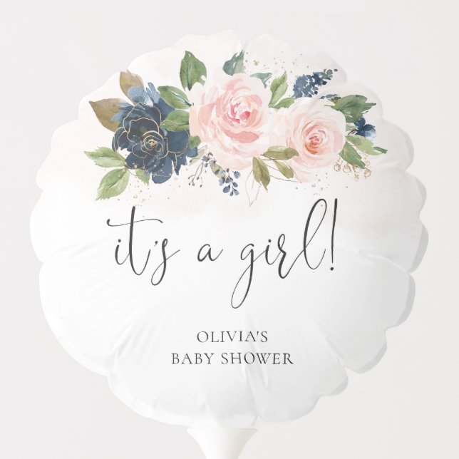 Navy & Blush Pink Floral It's A Girl Balloon (Back)