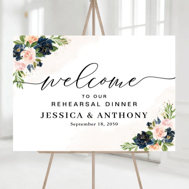 Navy & Blush Pink Floral Rehearsal Dinner Foam Board (Creator Uploaded)