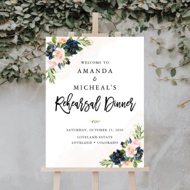 Navy & Blush Pink Floral Rehearsal Dinner Foam Board (Creator Uploaded)
