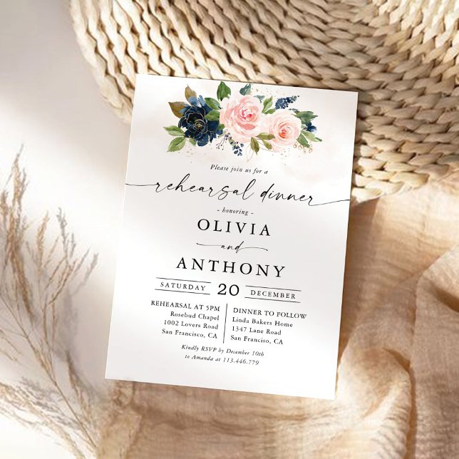 Navy & Blush Pink Floral Rehearsal Dinner Invitation (Creator Uploaded)