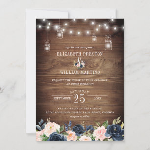 Navy Blush Pink Floral Rustic Barn Wood Wedding Invitation