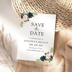 Navy & Blush Pink Floral Save The Date Card
