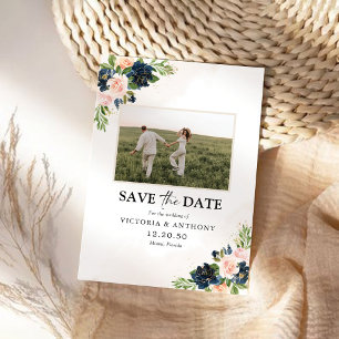 Navy & Blush Pink Floral Save The Date with Photo