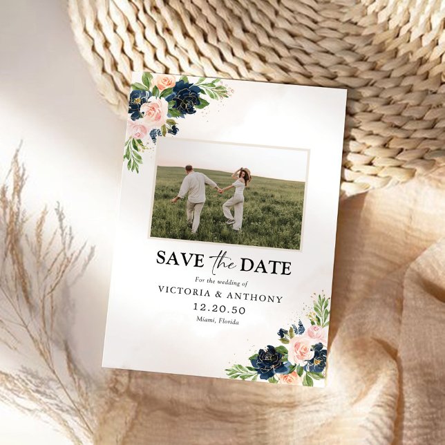 Navy & Blush Pink Floral Save The Date with Photo  (Creator Uploaded)