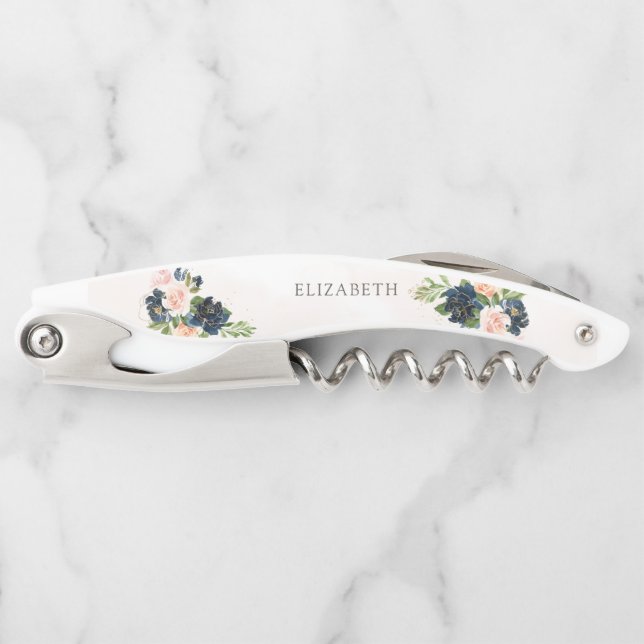 Navy & Blush Pink Floral Waiter's Corkscrew (Front)