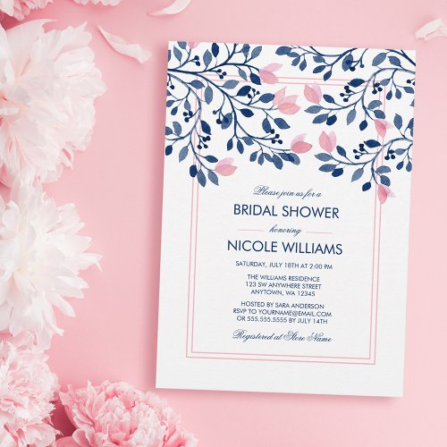 Navy Blush Pink Floral Watercolor Bridal Shower Invitation