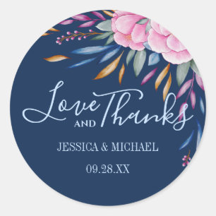 Navy Blush Pink Floral Watercolor Love And Thanks Classic Round Sticker