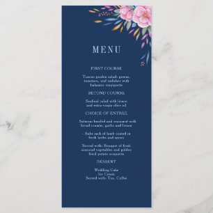 Navy Blush Pink Floral Watercolor Monogram Wedding Menu