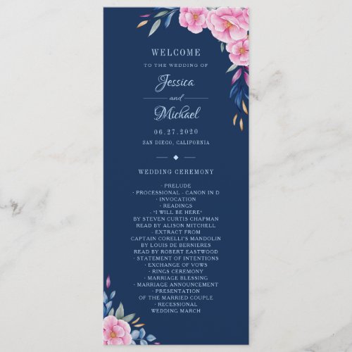 Navy Blush Pink Floral Watercolor Monogram Wedding Program