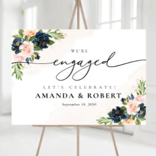 Navy & Blush Pink Floral We Are Engaged Foam Board