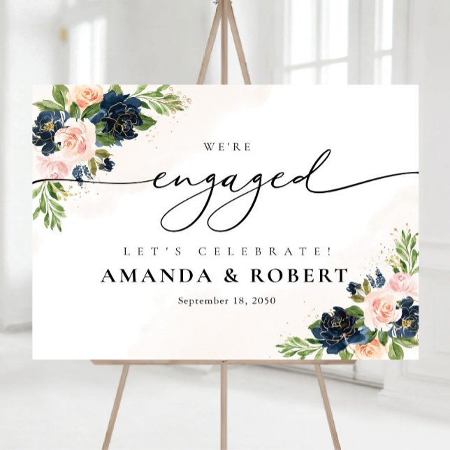 Navy & Blush Pink Floral We Are Engaged Foam Board (Creator Uploaded)