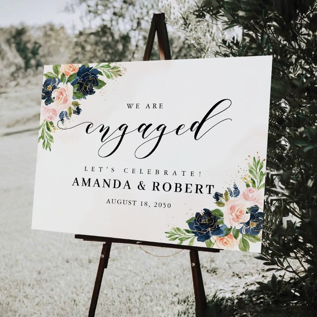 Navy & Blush Pink Floral We Are Engaged Foam Board (Creator Uploaded)