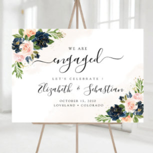 Navy & Blush Pink Floral We Are Engaged Foam Board
