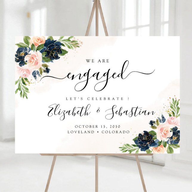 Navy & Blush Pink Floral We Are Engaged Foam Board (Creator Uploaded)