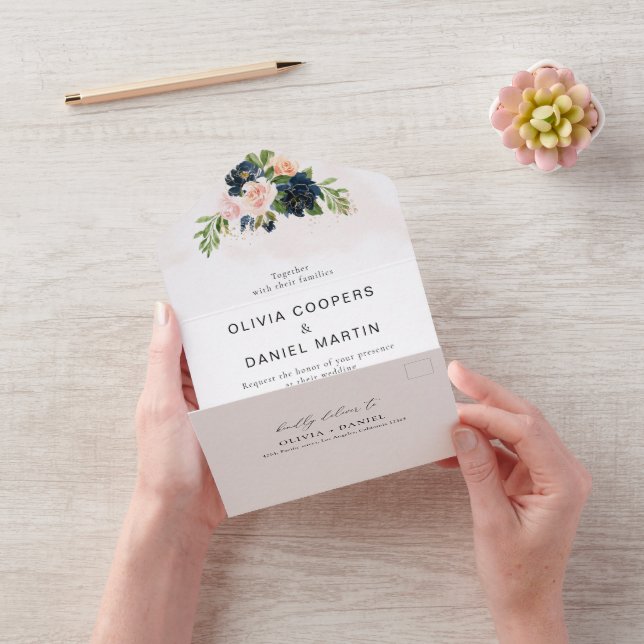 Navy & Blush Pink Floral Wedding All In One Invitation (Video)