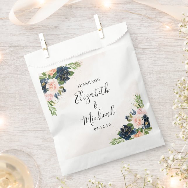 Navy & Blush Pink Floral Wedding Favor Bag (Clipped)