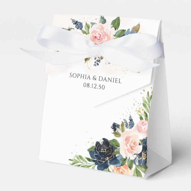 Navy & Blush Pink Floral Wedding Favor Box (Front Side)