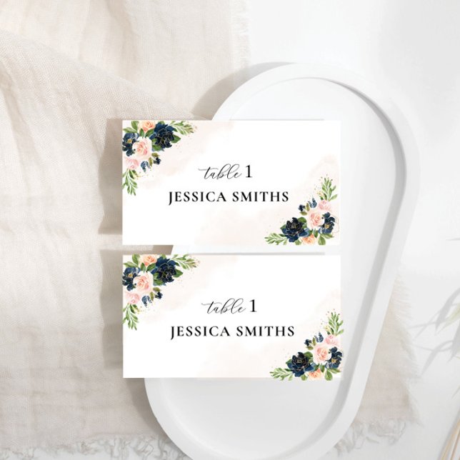 Navy & Blush Pink Floral Wedding Flat Place Card (Creator Uploaded)