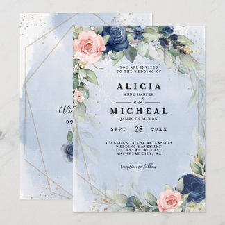 Navy & blush pink floral wedding Invitation
