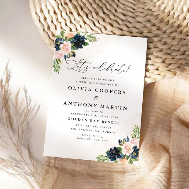 Navy & Blush Pink Floral Wedding Invitation (Creator Uploaded)