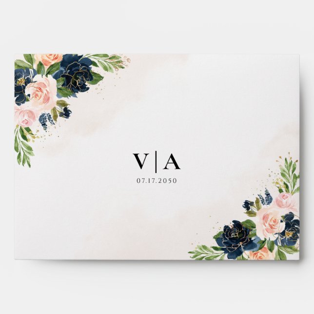 Navy & Blush Pink Floral Wedding Invitation Envelope (Front)