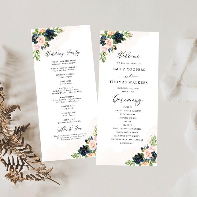 Navy & Blush Pink Floral Wedding Program (Creator Uploaded)