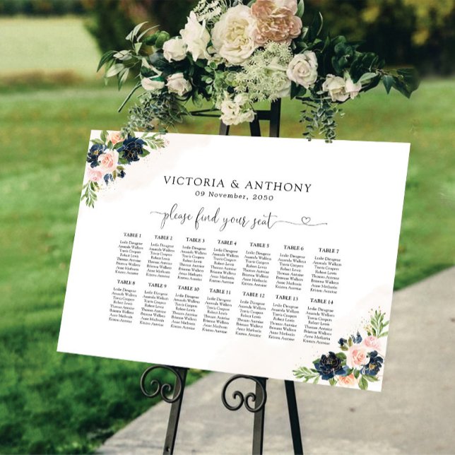 Navy & Blush Pink Floral Wedding Seating Chart Foam Board (Creator Uploaded)
