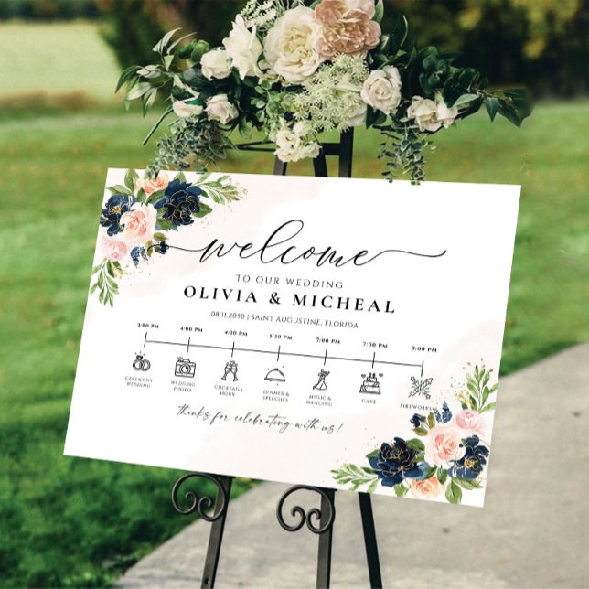 Navy & Blush Pink Floral Wedding Timeline Foam Board (Creator Uploaded)