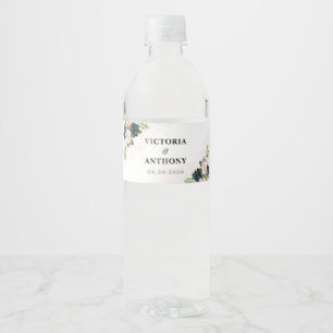 Navy & Blush Pink Floral Wedding Water Bottle Label