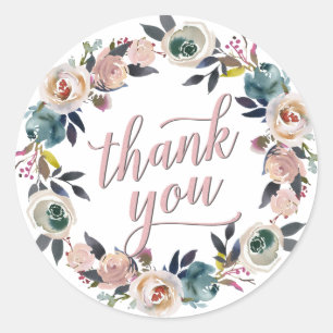 Navy Blush Pink Floral Wreath Thank You Guest Gift Classic Round Sticker
