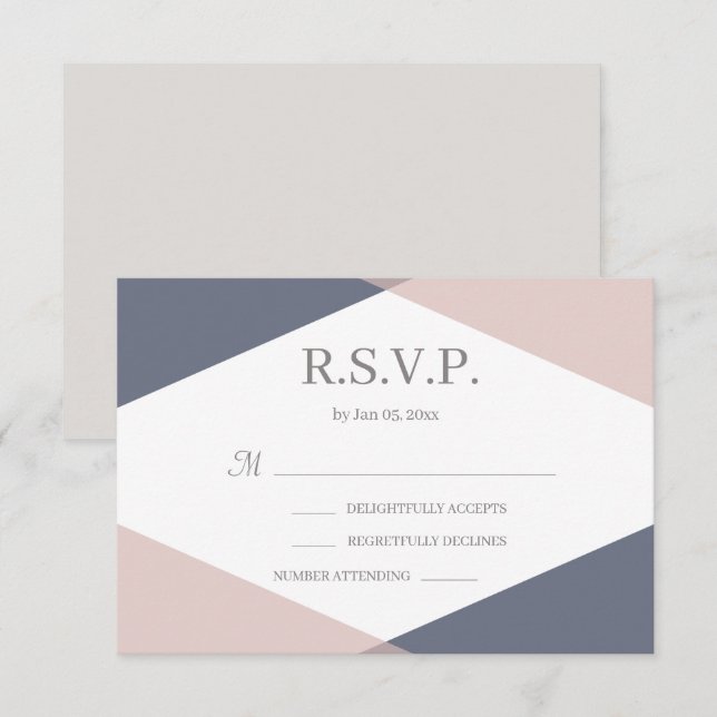 Navy Blush Pink Geometric Modern Wedding RSVP Invitation (Front/Back)