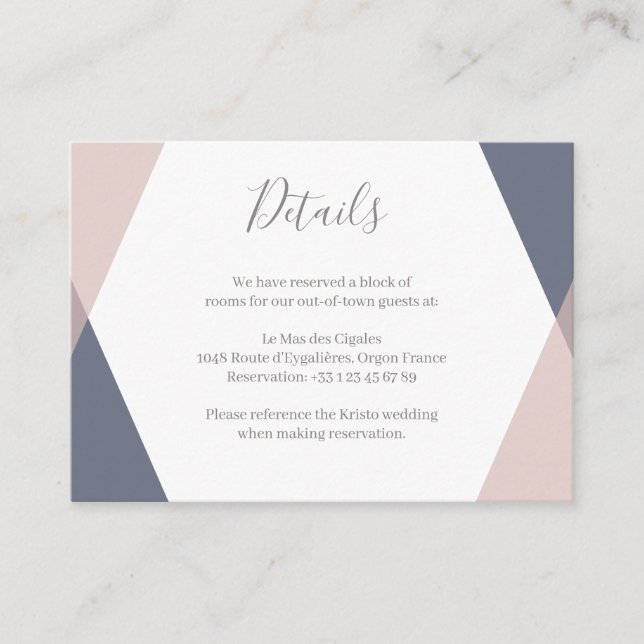 Navy Blush Pink Geometric Wedding Hotel Detail Enclosure Card (Front)