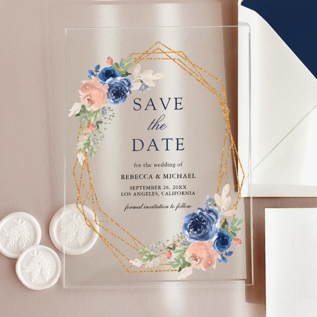 Navy Blush Pink Geometric Wedding Save the Date (Creator Uploaded)