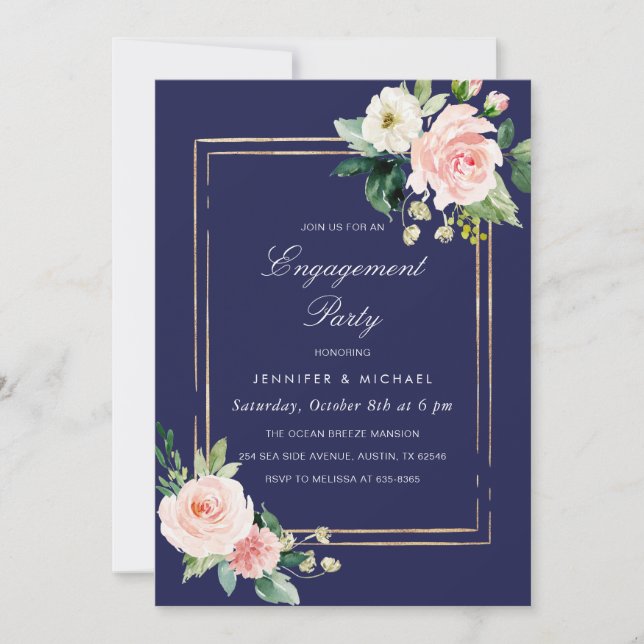 Navy Blush Pink Gold Engagement Party Invitation (Front)