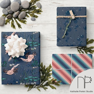Navy & Blush Pink Mexican Salamander Axolotl Wrapping Paper Sheets