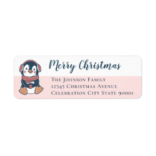 Navy Blush Pink Penguin Merry Christmas Label